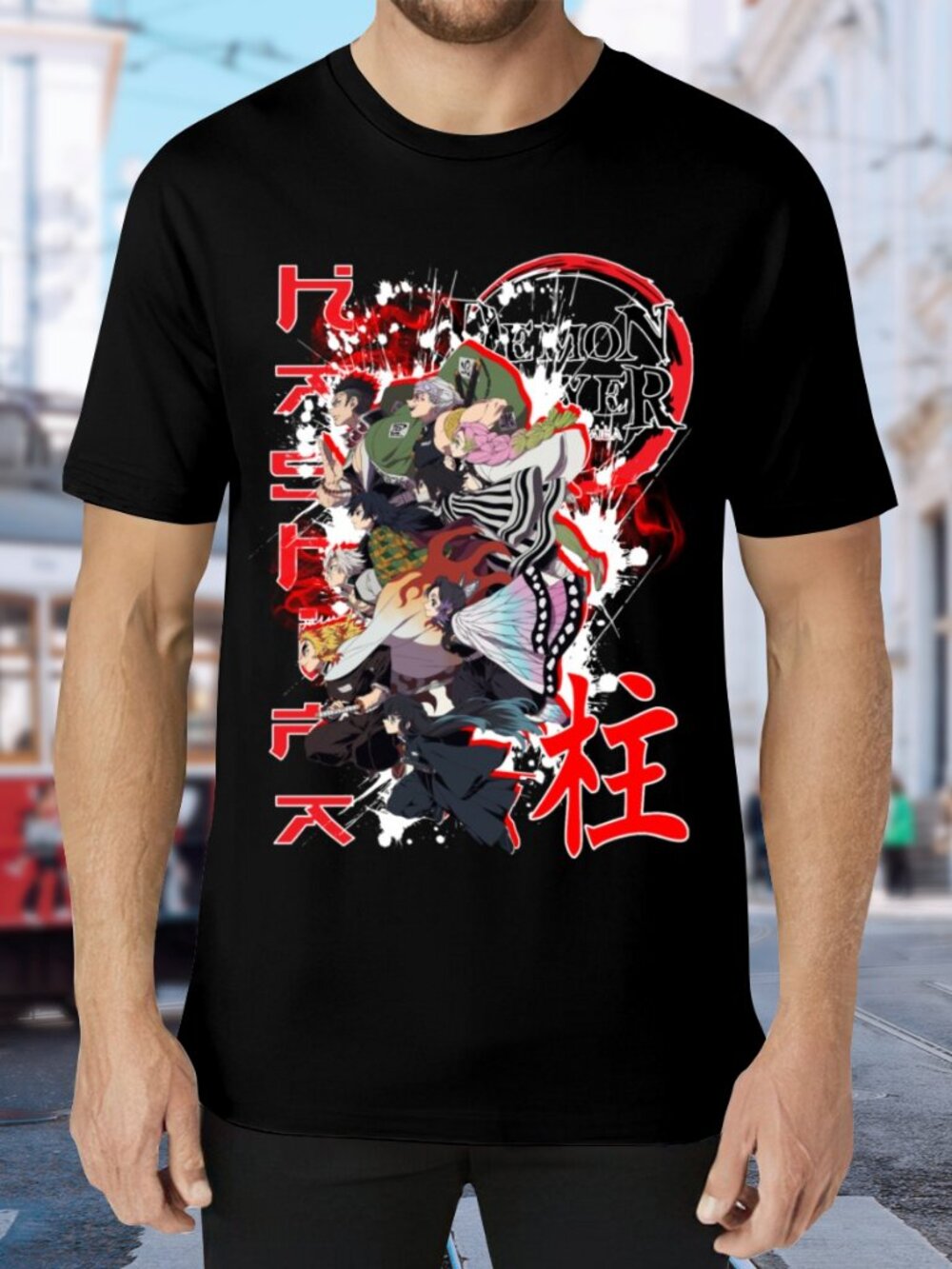 Black Graphic Short Sleeve Tee with Red Anime Motif